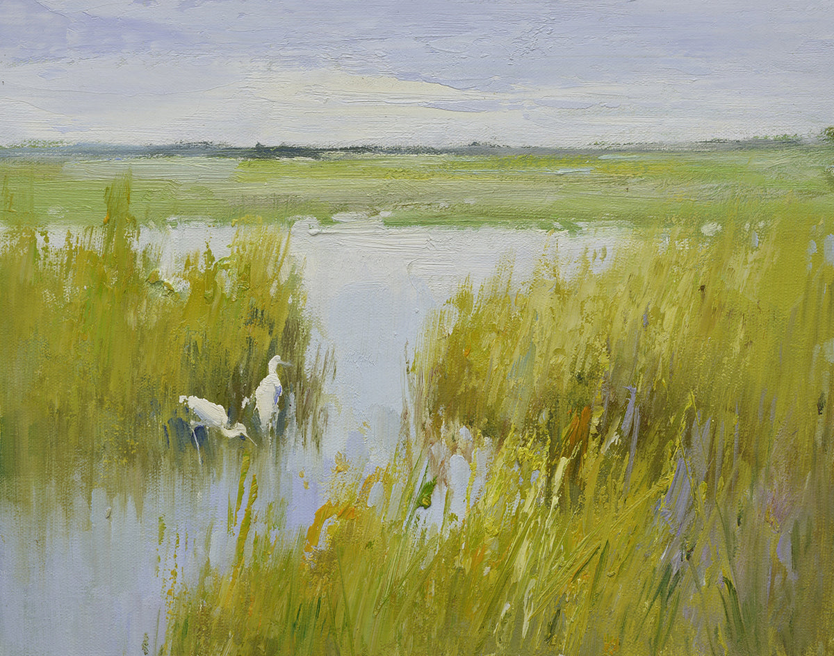12x16 oil painting on canvas of egrets in marsh landscape 22010528 image 0