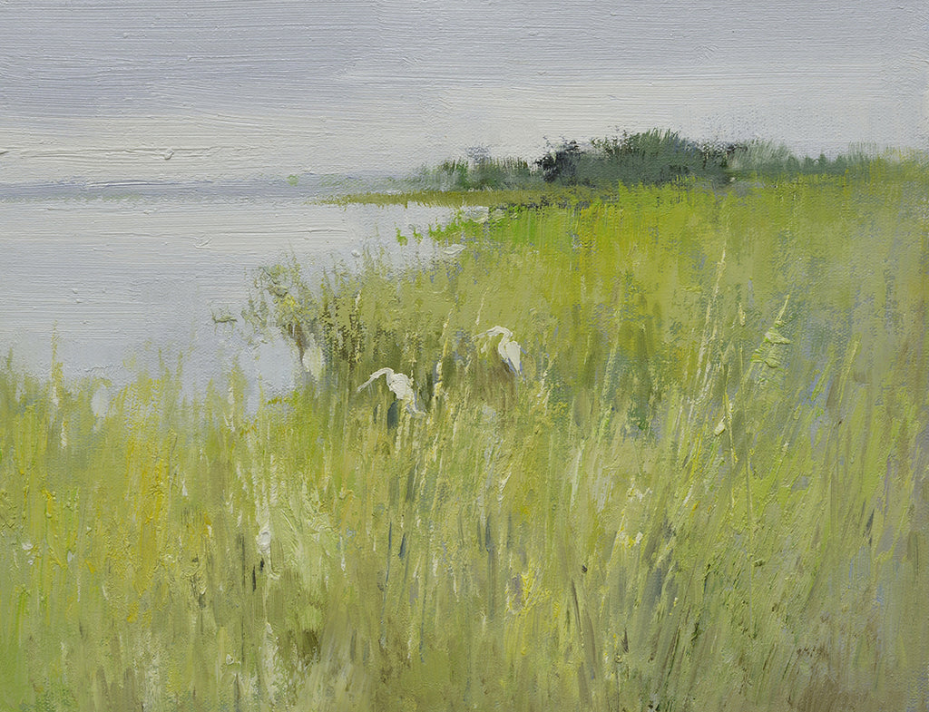 12x16 oil painting on canvas of egrets in marsh landscape 22010531 image 0