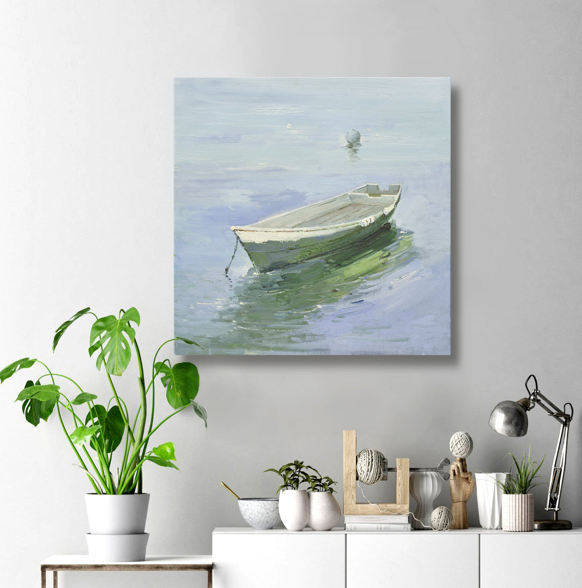 16x16 oil painting on canvas of green boat on water 22010501 image 1
