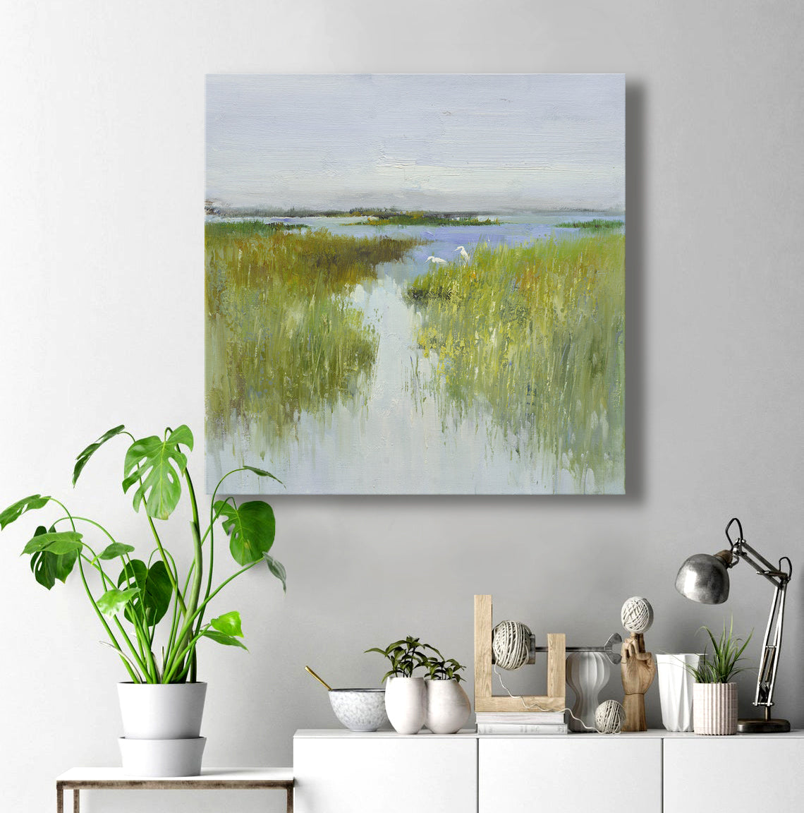 16x16 oil painting on canvas of marsh with egrets 22010503 image 1