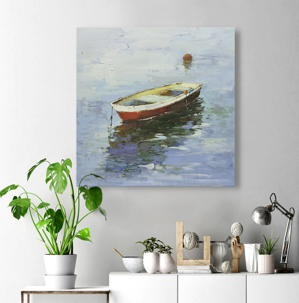 16x16 oil painting on canvas of little red boat on water 22010514 image 1