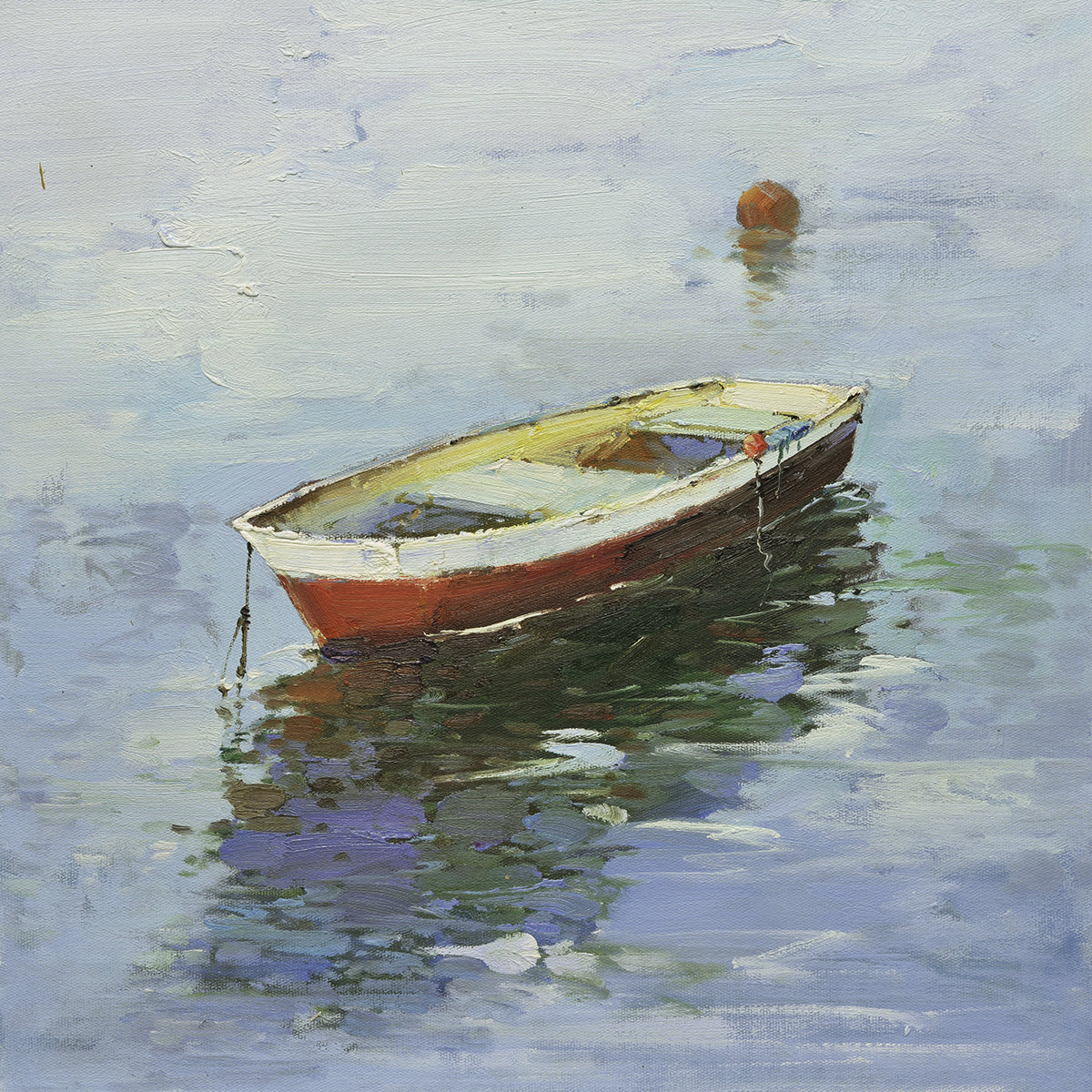 16x16 oil painting on canvas of little red boat on water 22010514 image 0