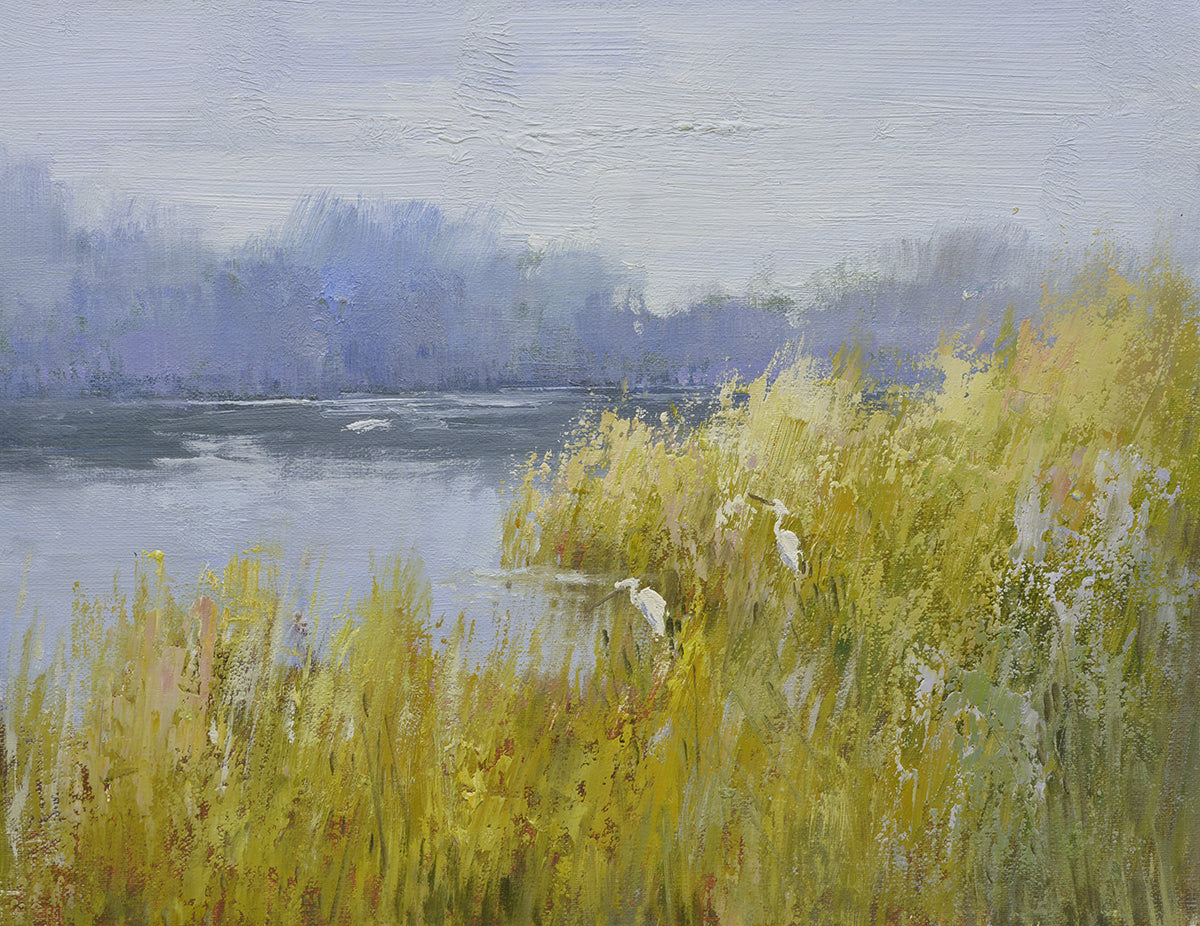 12x16 oil painting on canvas of egrets in marsh landscape 22010526 image 0