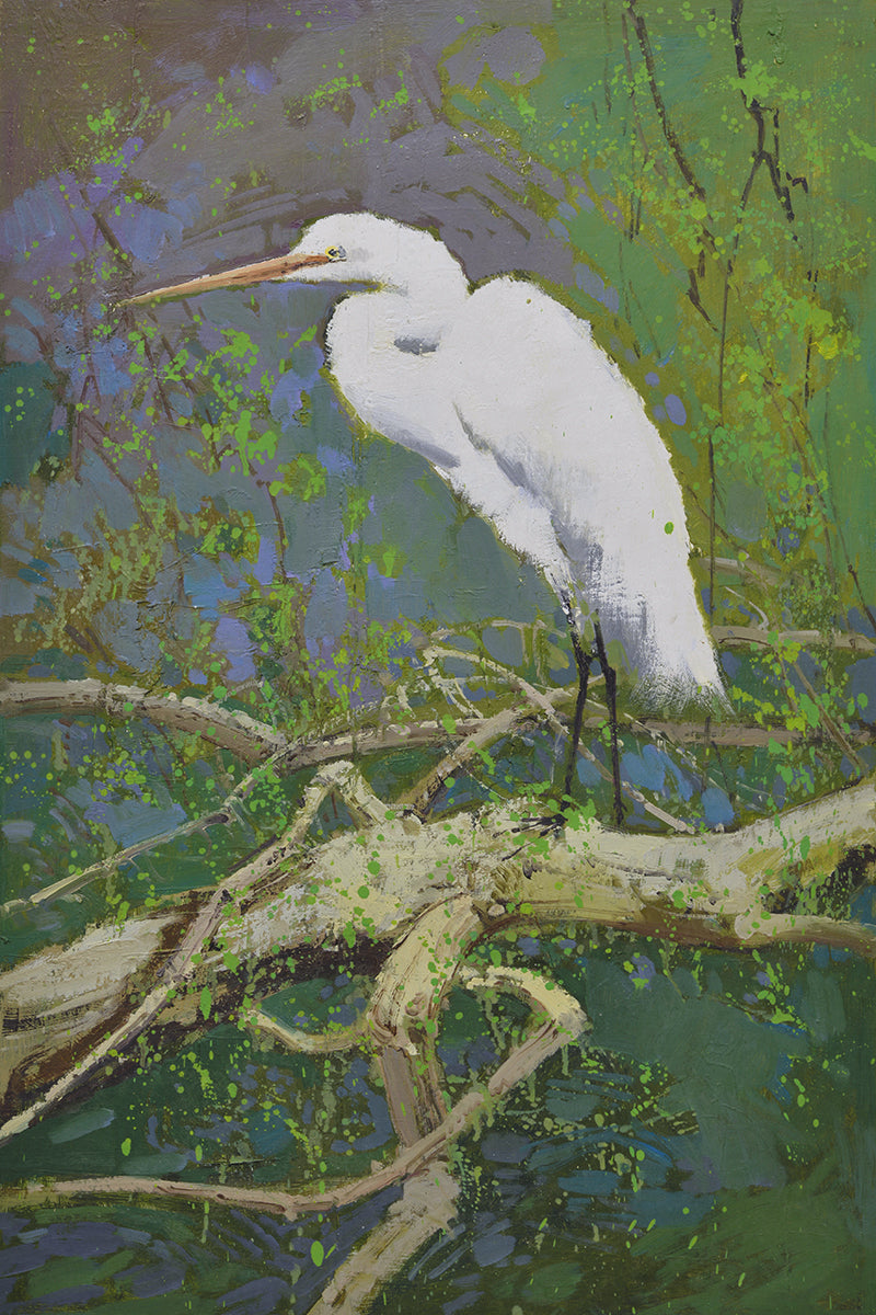 24x36 oil painting on canvas of white egret on tree branch landscape 4199282 image 0