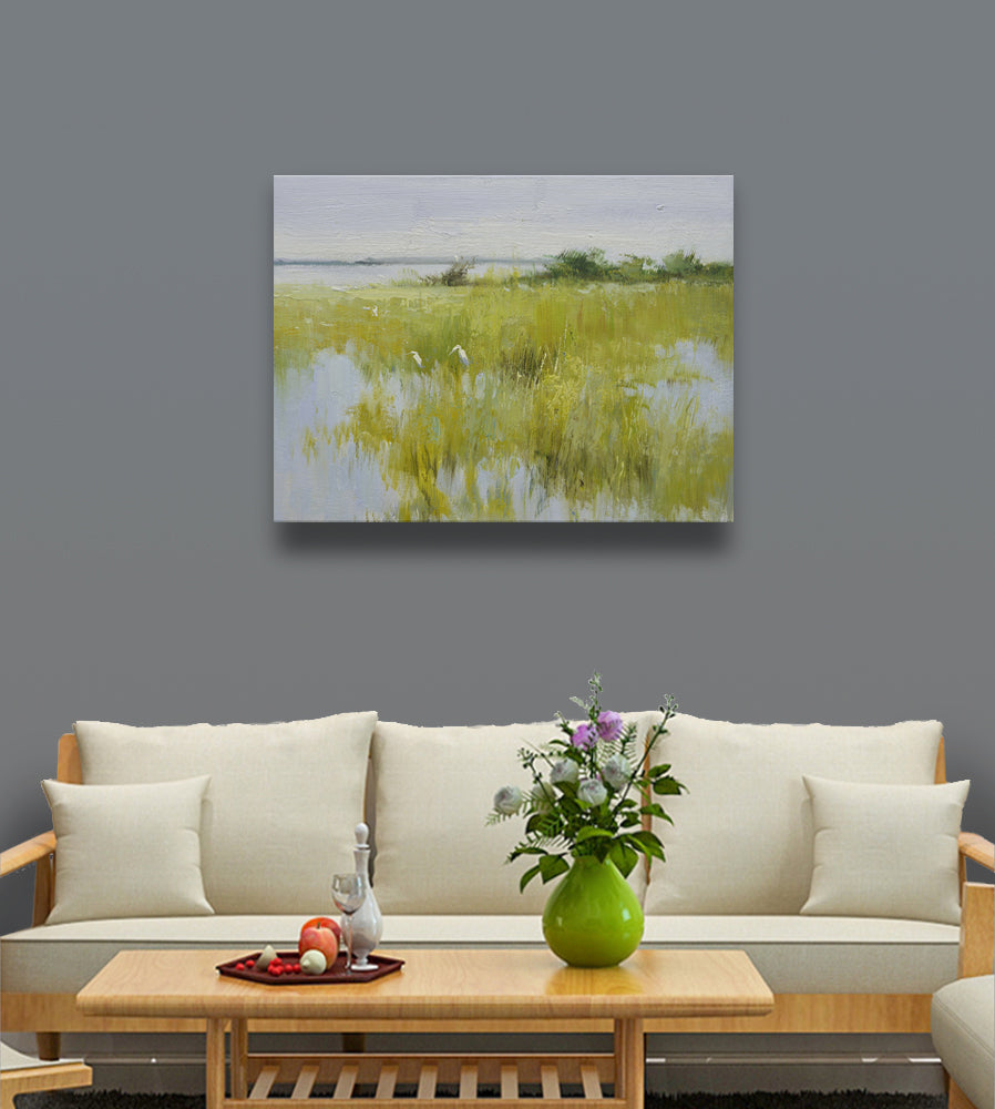 12x16 oil painting on canvas of egrets in marsh landscape 22010533 image 1