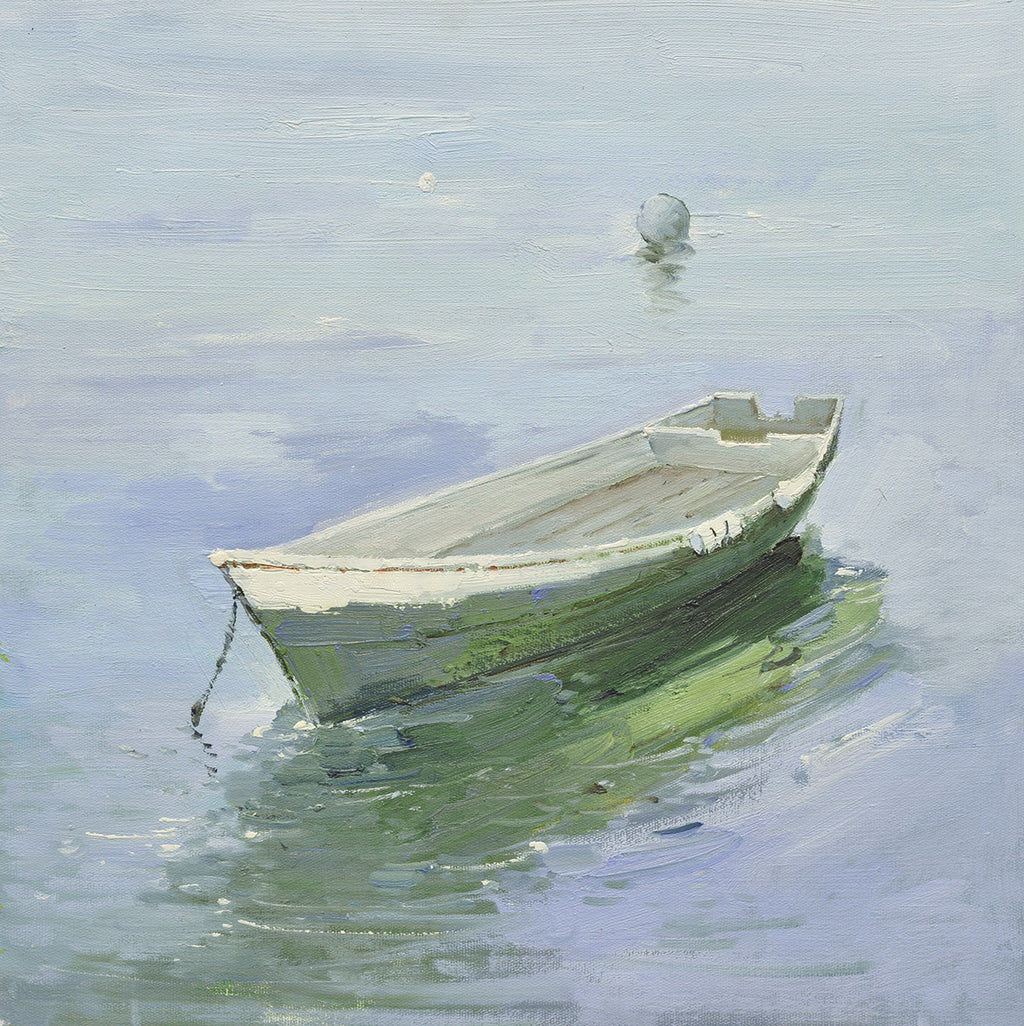 16x16 oil painting on canvas of green boat on water 22010501 image 0