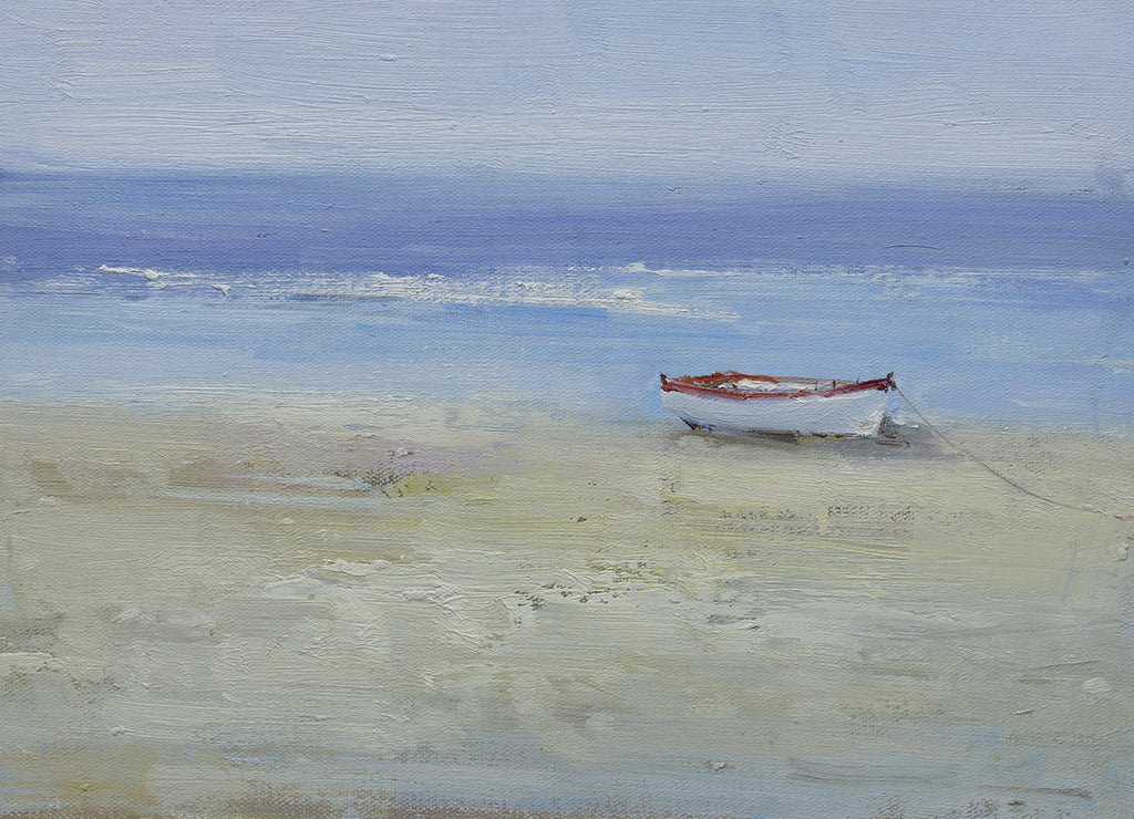 12x16 oil painting on canvas of white boat on beach 22010538 image 0